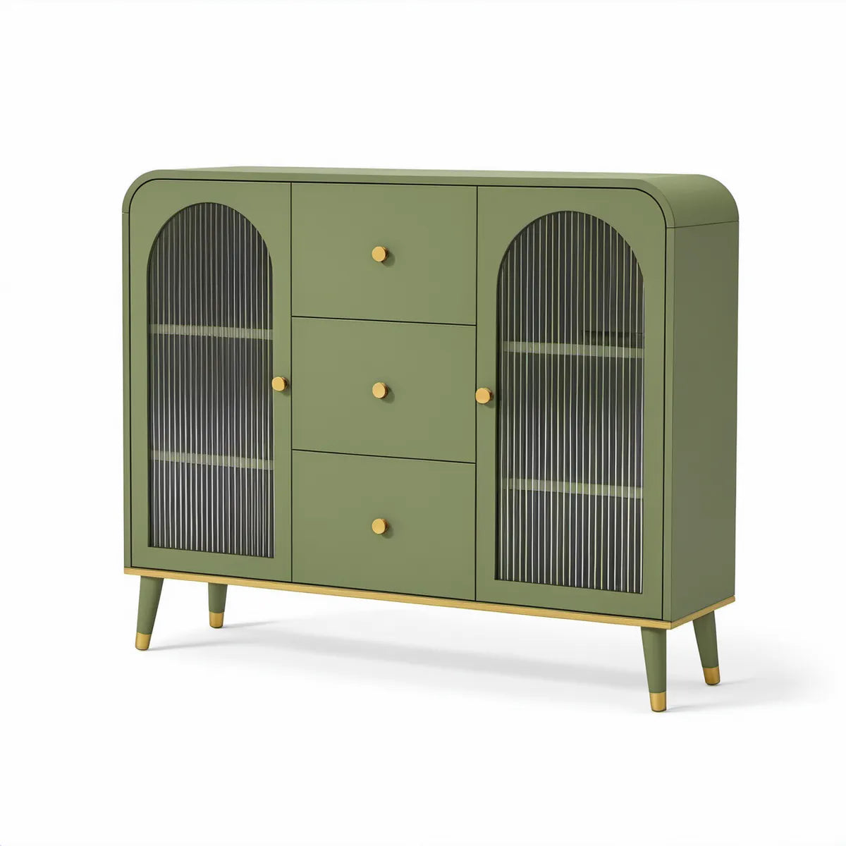 Zelená MDF komoda se 2 skleněnými dvířky a 3 zásuvkami, 120 × 40 × 90 cm