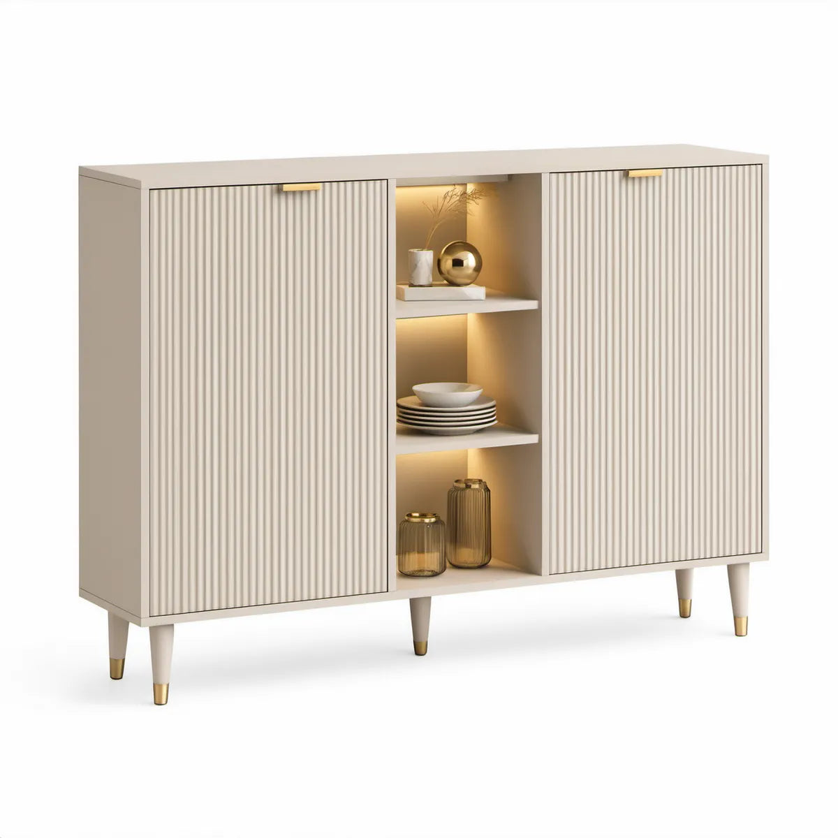 Příborník z MDF v krémové a zlaté barvě, 160 × 40 × 110 cm